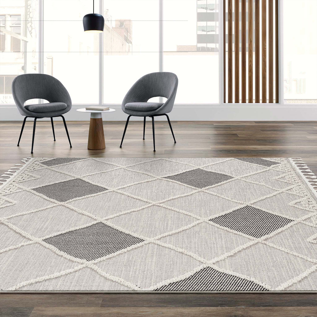 Colourful rug styled in a neutral living room | Rug Queen Australia